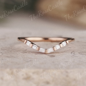 Unique Moissanite Wedding Band Vintage Baguette Moissanite Ring Rose Gold Curved Stacking Ring Custom Ring Minimalist Wedding Ring For Women