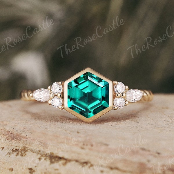 Bezel Set Emerald Engagement Ring Solid Gold Twist Moissanite Wedding Ring Antique Hexagon Cut Emerald Promise Bridal Ring Gift For Her