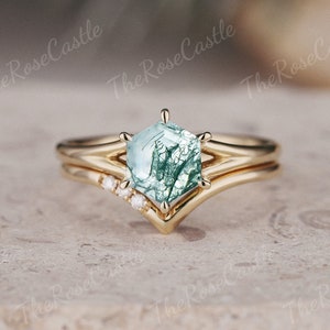 Minimalist moss agate engagement ring set unique hexagon ring solid gold bridal set art deco moissanite stacking ring handmade gift for her