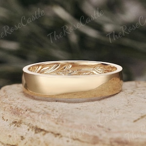 4.5MM Solid Gold Nature Inspired Leaf Branch Mens Wedding Band Leaf Engraved Mens Wedding Band  Minimalist Ring Stacking Ring Gift For Him