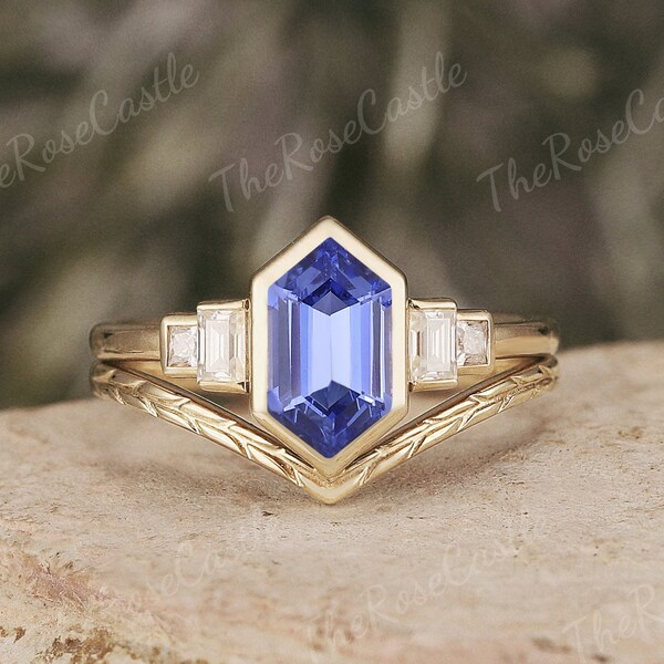 Unique Hexagon Cut Sapphire Engagement Ring Set Solid Gold Leaf Vine Curved Wedding Band Sapphire Promise Bridal Set Art Deco Ring Set