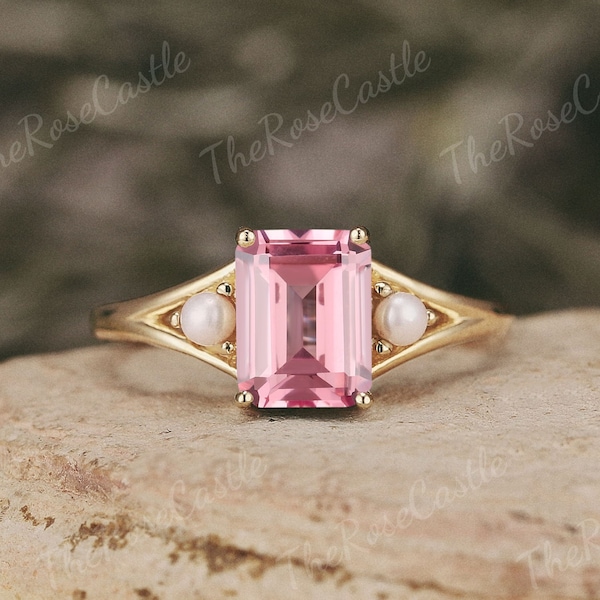 Unique Pink Sapphire Engagement Ring Yellow Gold Pearl Cluster Wedding Ring Emerald Cut Pink Sapphire Wedding Ring Promise Rings For Women