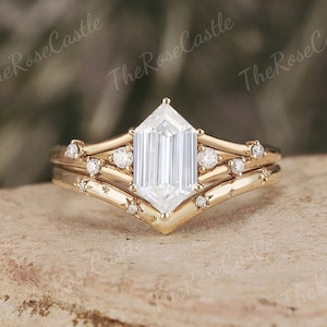 Hexagon Cut Moissanite Engagement Ring Set Rose Gold Star Design Moissanite Curved Wedding Band Moissanite Wedding Ring Set Bridal Set