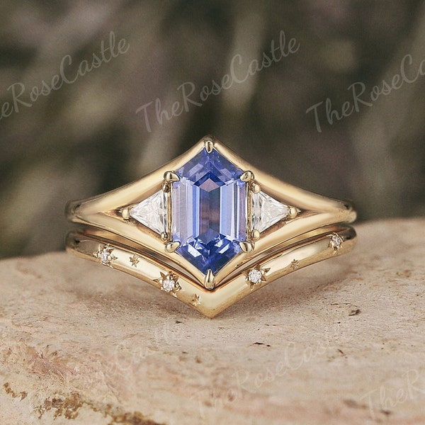 Hexagon Cut Sapphire Engagement Ring Set Solid Gold Star Design Moissanite Curved Wedding Band Sapphire Bridal Set Art Deco Gifts For Her