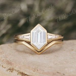 Unique Hexagon Cut Moissanite Bezel Setting Engagement Ring Set Solid Gold Wedding Band Moissanite Ring Set  Promise Bridal Ring Set