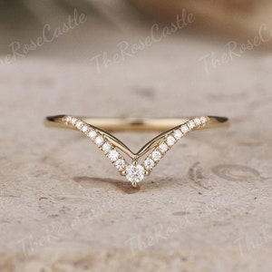 Unique Moissanite Wedding Band Yellow Gold Moissanite Curved Wedding Ring Art Deco Stacking Matching Chevron Ring Promise Rings For Women