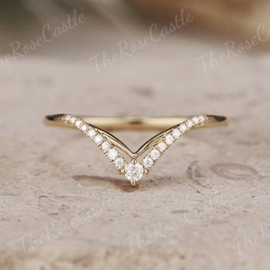 Unique Moissanite Wedding Band Yellow Gold Moissanite Curved Wedding Ring Art Deco Stacking Matching Chevron Ring Promise Rings For Women