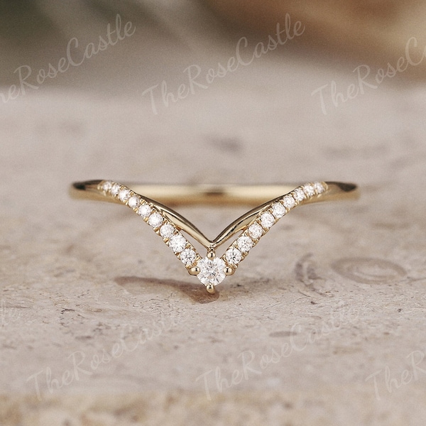Yellow Gold Moissanite Chevron Wedding Band – Art Deco Stacking Ring