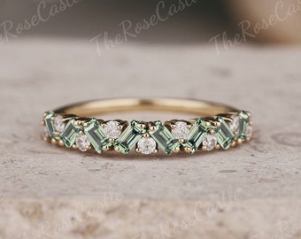Unique Teal Sapphire Ring Teal Sapphire Wedding Band Gold Rings Art Deco Eternity Band Teal Sapphire Matching Ring Personalized Gift For Her