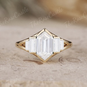 Art Deco Bezel Set Ring Hexagon Cut Moissanite Engagement Ring Yellow Gold Baguette cut Ring Unique Bridal Wedding Ring Anniversary ring
