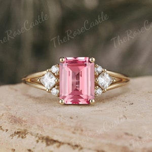 Pink Sapphire Engagement Ring Solid Gold Emerald Cut Sapphire Wedding Ring Moissanite Cluster Anniversary Ring Bridal Rings For Women