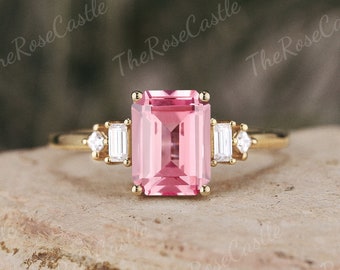 Emerald Cut Pink Sapphire Engagement Ring Unique Solid Gold Baguette Moissanite Cluster Wedding Ring Pink Gemstone Promise Rings For Women