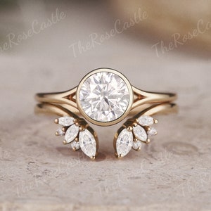 Unique Round Moissanite Engagement Ring Set Art Deco Gold Rings Delicate Moissanite Bridal Set Open Wedding Band Promise Rings For Women