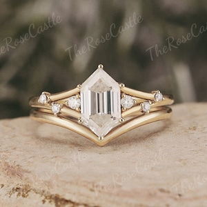 Unique Hexagon Cut Moissanite Engagement Ring Set Rose Gold Curved Wedding Band Moissanite Cluster Wedding Ring Moissanite Bridal Ring Set