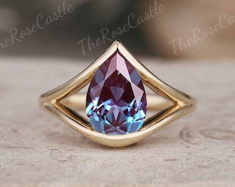 Pear Cut Alexandrite Engagement Ring, Solid Gold Half Bezel Minimalist Ring