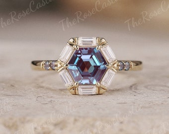 Unique Hexagon Alexandrite Engagement Ring Vintage Moissanite Ring Art Deco Gold Rings Moissanite Halo Ring Personalized Gifts For Women