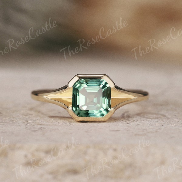 Anillo de compromiso de zafiro verde con engaste biselado único, anillo de boda de zafiro azul verdoso talla Asscher en oro macizo, anillos de promesa solitarios para mujer.