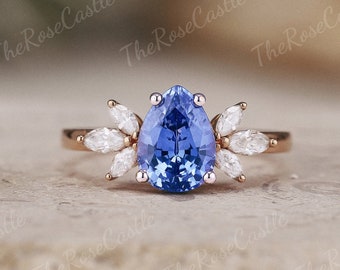 Vintage Cornflower Sapphire Engagement Ring Rose Gold Rings Moissanite Cluster Ring Art Deco Unique Sapphire Ring Personalized Gift For Her