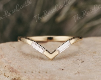 Baguette Cut Moissanite Wedding Band, Solid Gold Curved Ring, Stacking Promise Ring