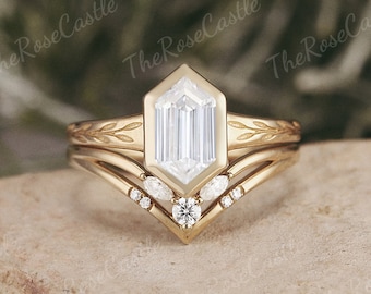 Nature Inspired Leaf  Moissanite Engagement Ring Set Solid Gold Hexagon Cut Moissanite Leaf Vine Wedding Ring Set Promise Bridal Set