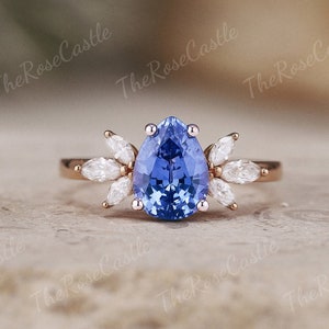 Vintage Cornflower Sapphire Engagement Ring Rose Gold Rings Moissanite Cluster Ring Art Deco Unique Sapphire Ring Personalized Gift For Her