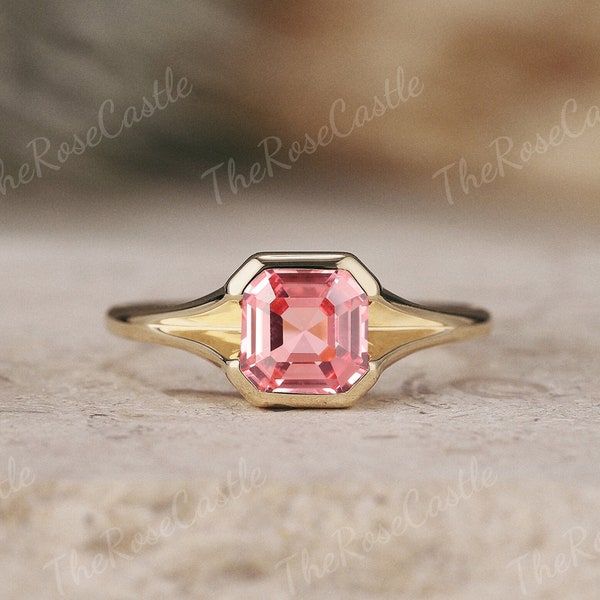 Asscher Cut Peach Sapphire Engagement Ring Yellow Gold Bezel Setting Solitaire Wedding Ring Pink Sapphire Ring Promise Rings For Women