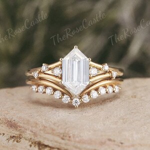 Hexagon Cut Moissanite Engagement Ring Set Solid Gold Moissanite Cluster Wedding Band Moissanite Ring Set Promise Moissanite Bridal Set