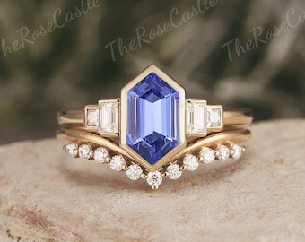 Hexagon Cut Blue Sapphire Engagement Ring Set, 10K 14K Gold, Moissanite Band