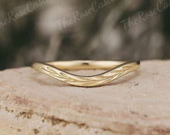 1.3MM Nature Inspired Leaf Wedding Ring Solid Gold Wedding Band Art Deco Leaf Vine Curved Stacking Wedding Band Promise Ring For Women