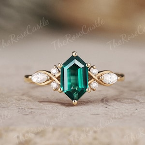 Unique Hexagon Cut Emerald Engagement Ring Solid Gold Vine Moissanite Cluster Wedding Ring May Birthstone Rings Personalized  For Women