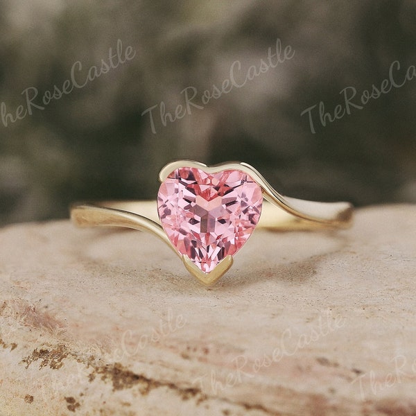 Unique Heart Shape Peach Sapphire Engagement Ring Solid Gold Pink Sapphire Wedding Ring Promise Ring Valentine Gifts For Girlfriend