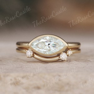 Unique Marquise Moissanite Engagement Ring Set Gold Rings Vintage Wedding Ring Set Art Deco Bezel Ring East West Ring Promise Gifts For Her