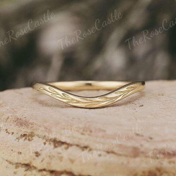 1.3MM Nature Inspired Leaf Wedding Ring Solid Gold Wedding Band Art Deco Leaf Vine Curved Stacking Wedding Band Promise Ring For Women