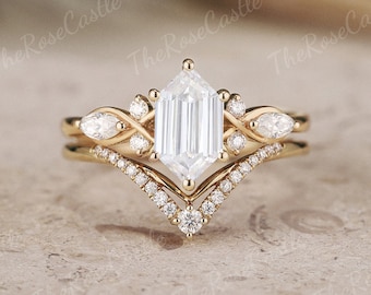 Unique Hexagon Cut Moissanite Engagement Ring Set Yellow Gold Moissanite Curved Wedding Band Art Deco Promise Bridal Ring Set Gift For Her