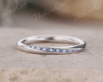 Unique Mobius Ring Round sapphire wedding band White gold Twisted Wedding Band Art deco Moissanite Stacking Ring Handmade Custom Mens Ring