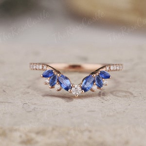 Unique Marquise Sapphire Wedding Band Rose Gold Art Deco Curved Wedding Ring Moissanite Ring Custom Stackable Ring Women Handmade Jewelry
