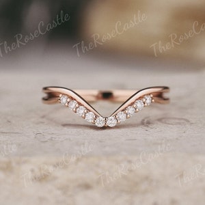 Unique moissanite wedding band rose gold stacking ring chevron ring minimalist promise wedding gift custom V shape moissanite ring for women