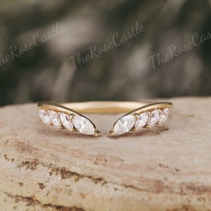 Unique Solid Gold Open Moissanite Wedding Band Marquise Moissanite Curved Wedding Ring Stacking Matching Personalized Rings For Women