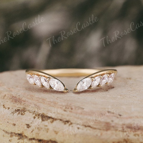 Alliance unique en or massif moissanite ouverte, bague de mariage incurvée Marquise Moissanite, empilage d'anneaux personnalisés assortis pour femme