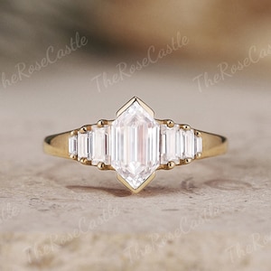 Unique Elongated Hexagon Moissanite Engagement Ring Solid Gold Baguette Moissanite Cluster Wedding Ring Handmade Jewelry Rings For Women