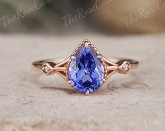 Pear shape Sapphire Engagement Ring Rose Gold Ring Vintage Moissanite Ring Art Deco Promise Ring Woman Milgrain Ring Unique Sapphire Ring