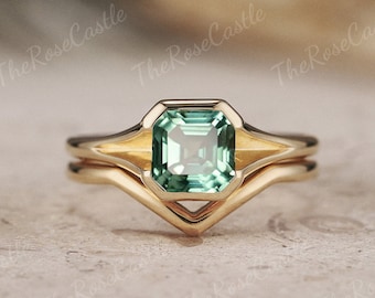 Unique Asscher Cut Green Sapphire Engagement Ring Set Solid Gold Teal Sapphire Ring Set Bezel Bridal Ring Set Anniversary Gift For Her