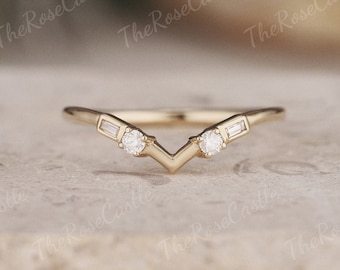 Vintage Moissanite Wedding Band V shaped Ring Yellow Gold Wedding Ring Unique Round Moissanite Stacking Ring Custom Promise Gifts For Women