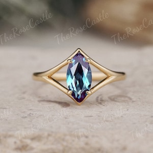 Marquise alexandrite engagement ring unique ring yellow gold engagement ring art deco handmade jewelry minimalist alexandrite ring for women