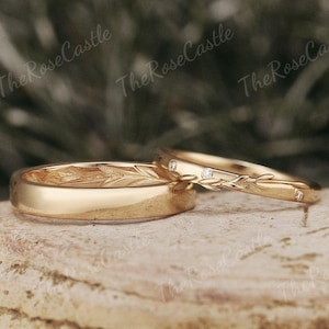 2pcs Leaf Couple Rings Set Solid Gold Moissanite Wedding Band Leaf Branch Mens Wedding Band Bridal Set For Men And Women Anniversary Gift