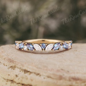 Unique Alexandrite Wedding Band 10K 14K Solid Gold Moissanite Cluster Wedding Ring Stacking Matching Moissanite Band Rings For Women