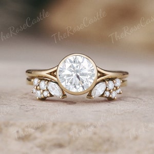 Unique Moissanite Engagement Ring Set Solid Gold Rings Art Deco Round Moissanite Bridal Set Vintage Matching Rings Personalized Gift For Her