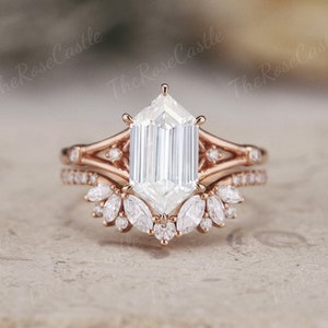 Unique hexagon cut moissanite engagement ring set ring rose gold stacking ring delicate bridal set handmade jewelry for women gift art deco