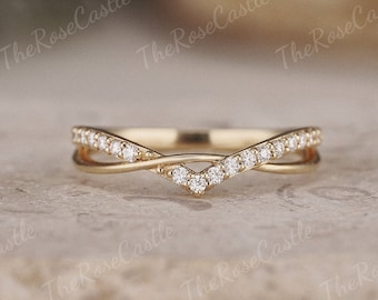 Round Moissanite Wedding Band, Solid Gold Stacking Ring, Art Deco Style, Custom Handmade Jewelry