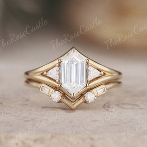 Unique  Hexagon Cut Moissanite Engagement Ring Set Art Deco Gold Rings Moissanite Ring Minimalist Moissanite Bridal Set Anniversary Gifts